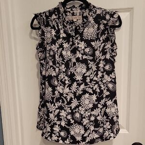 LOFT Monochrome Floral Ruffle Blouse